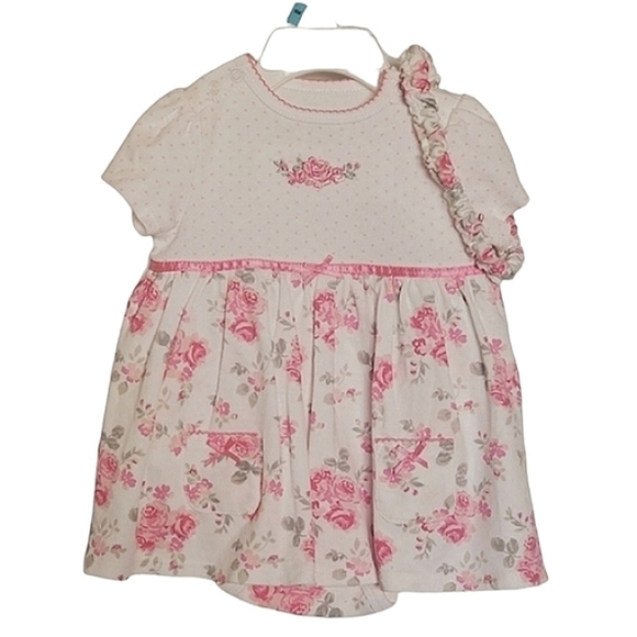 K1004 * Little Me Floral Dress Matching Headband White Pink Size 6M NWOT - Picture 1 of 7